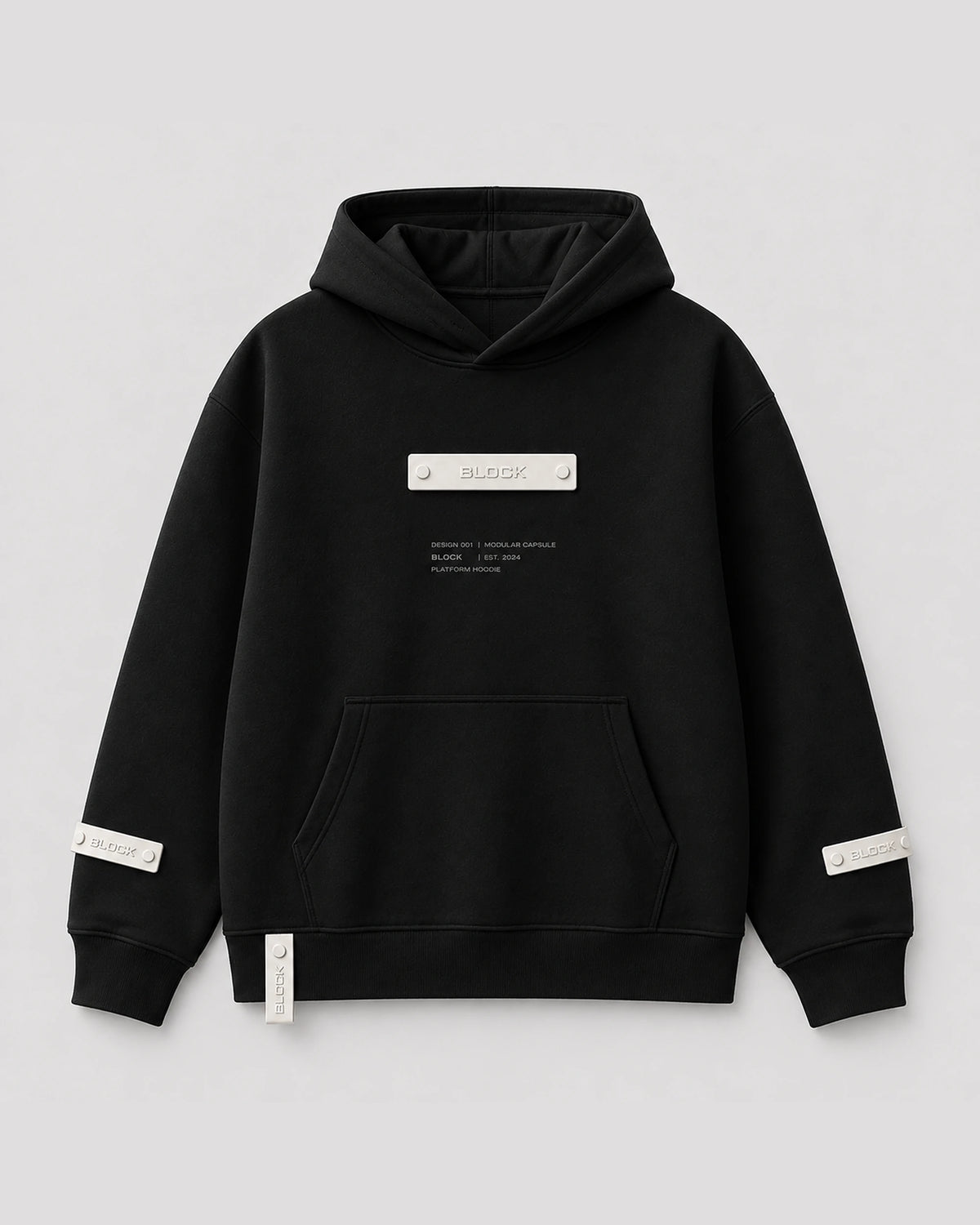 Black — Hoodie 01 — cream identity module at the chest, cream sleeve tabs