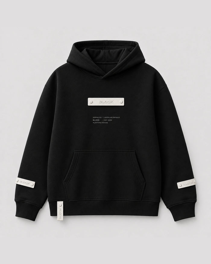 Black — Hoodie 01 — cream identity module at the chest, cream sleeve tabs