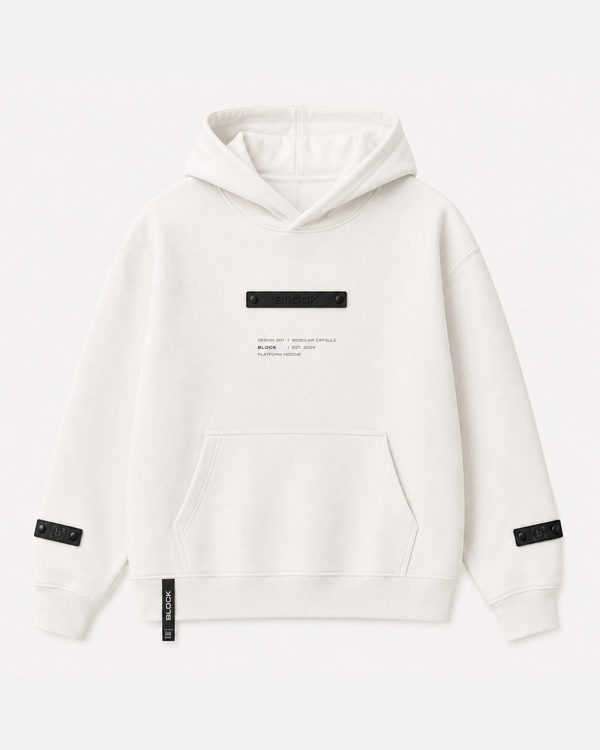 Cream — Hoodie 01 — black identity module at the chest, black sleeve tabs