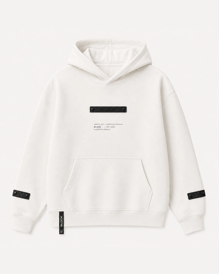 Cream — Hoodie 01 — black identity module at the chest, black sleeve tabs