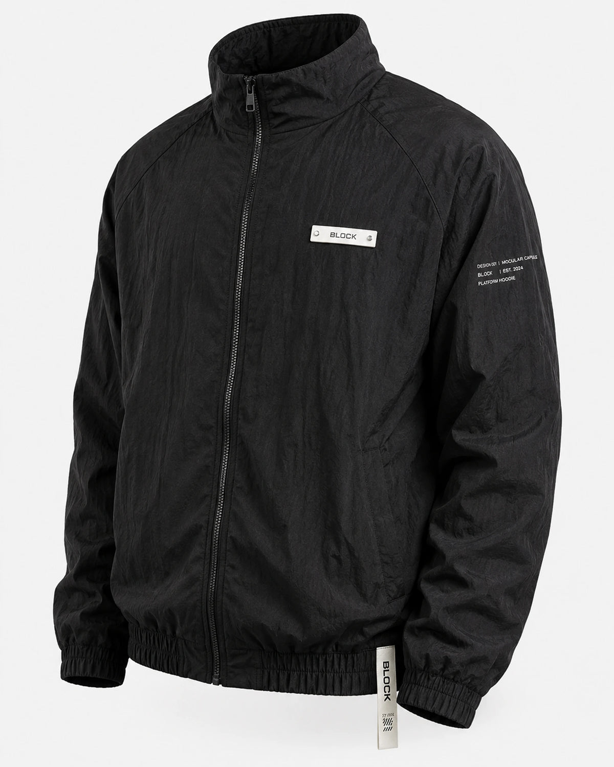 Black — Track Jacket 01 — cream chest module, cream sleeve notation